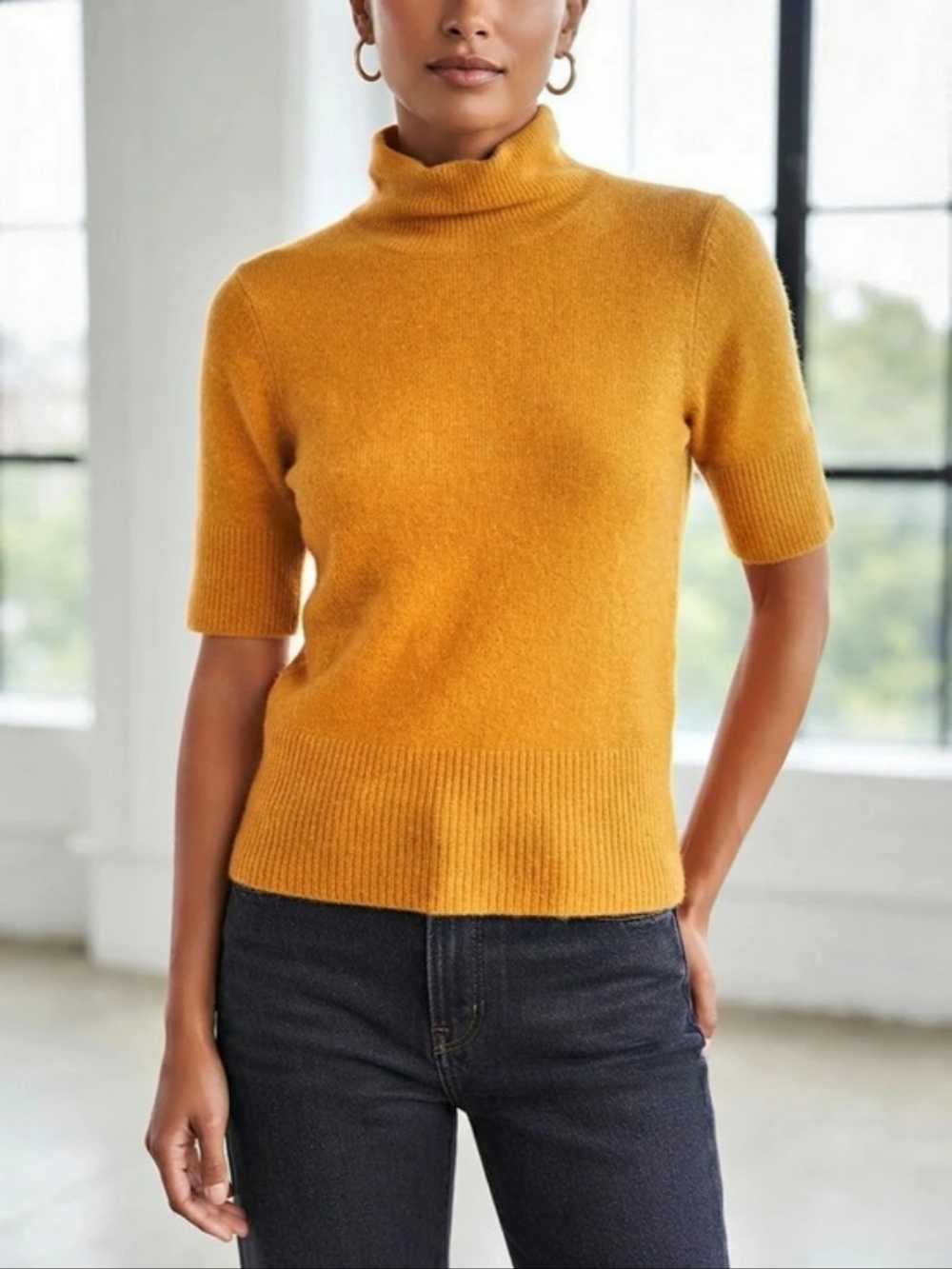 🧡 Cynthia Rowley Short Sleeve Mock Neck Sweater - Size S (Merino Wool Blend)
